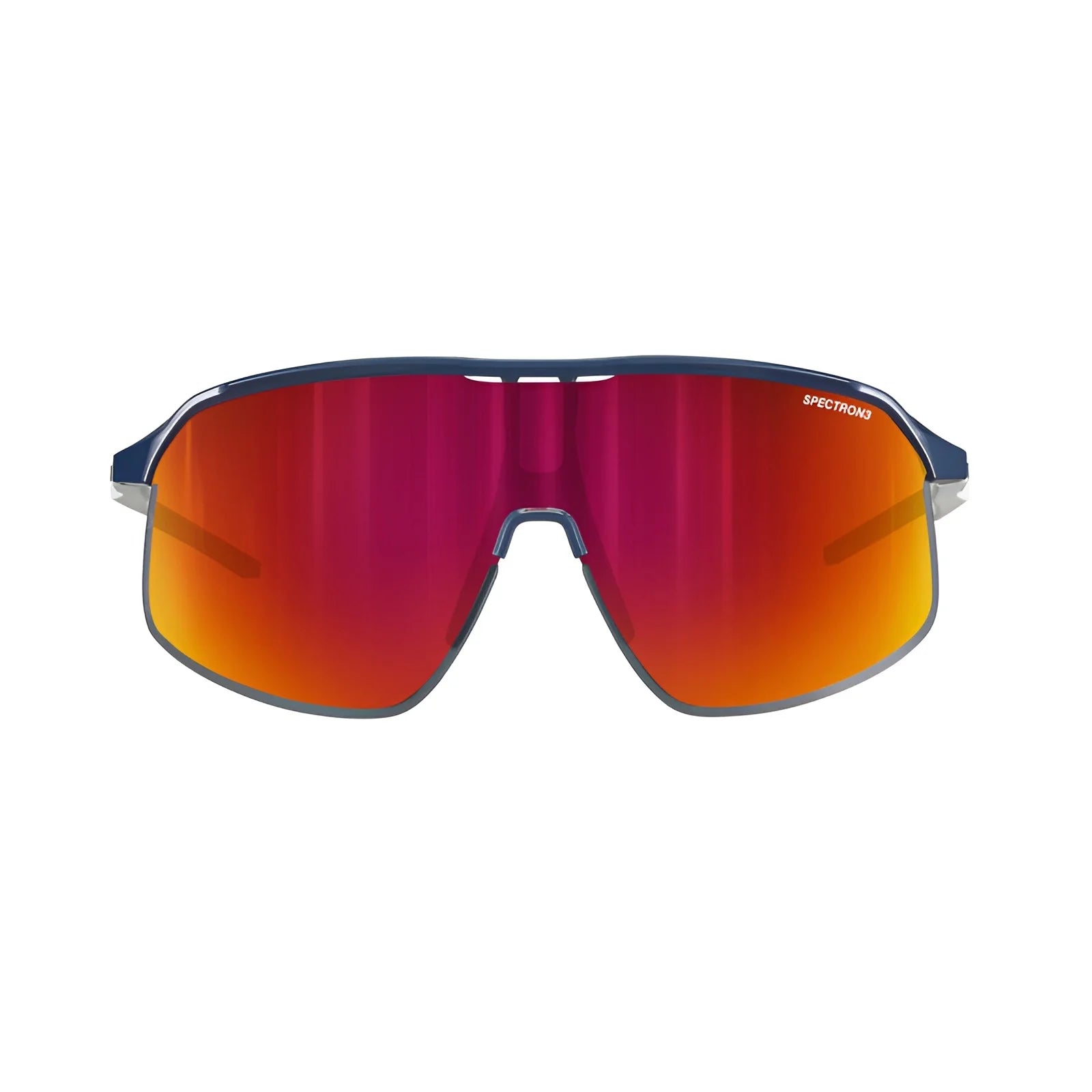 The Julbo Density Sunglasses offer sleek performance with reflective red and orange lenses, a blue frame, "Spectron 3" text on the lens, and CustomFit Temples for a perfect fit in any activity.