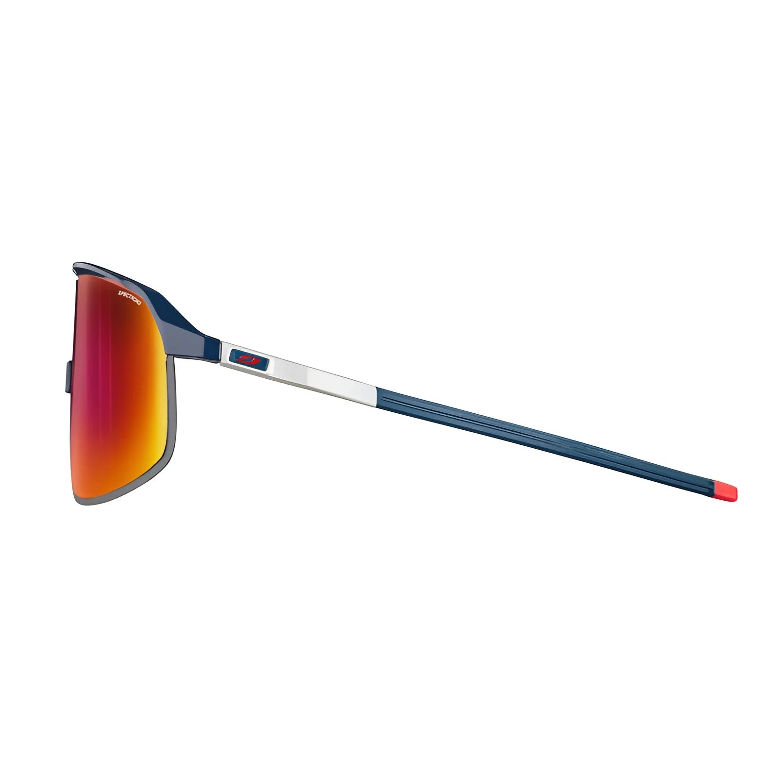 The Julbo Density Sunglasses boast a side view of sporty performance design with red mirrored lenses and a dark blue frame. Featuring CustomFit Temples for unparalleled comfort, they're ideal for any adventure.