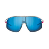 The Julbo Density Sunglasses, by Julbo, feature blue mirrored lenses, a clear frame with red side accents, and CustomFit Temples for added comfort. These performance sunglasses ensure optimal ventilation during intense activities.
