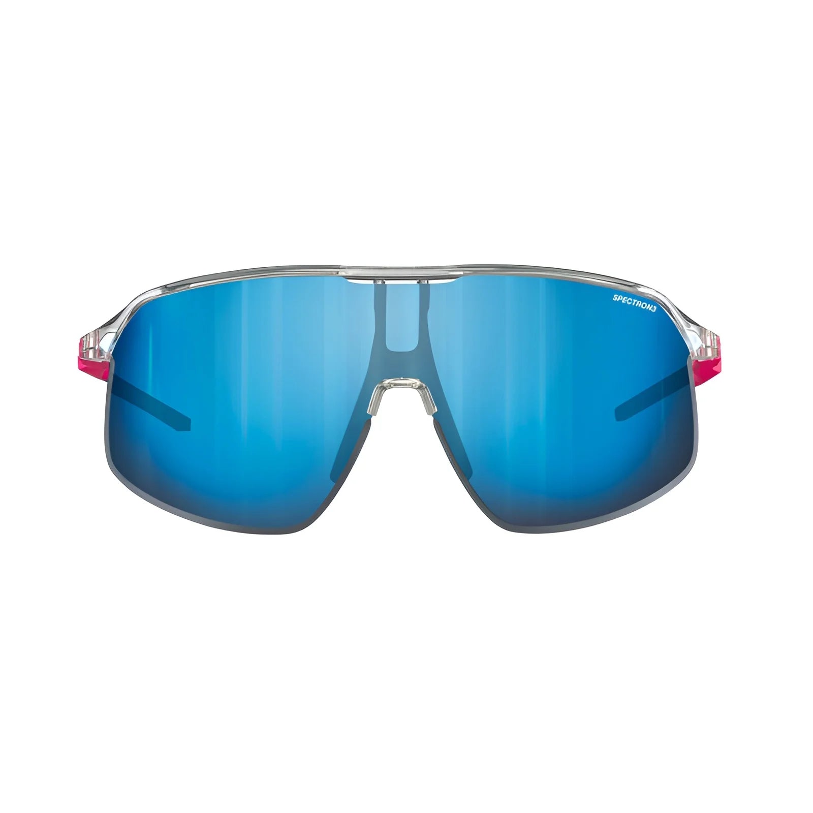 The Julbo Density Sunglasses, by Julbo, feature blue mirrored lenses, a clear frame with red side accents, and CustomFit Temples for added comfort. These performance sunglasses ensure optimal ventilation during intense activities.