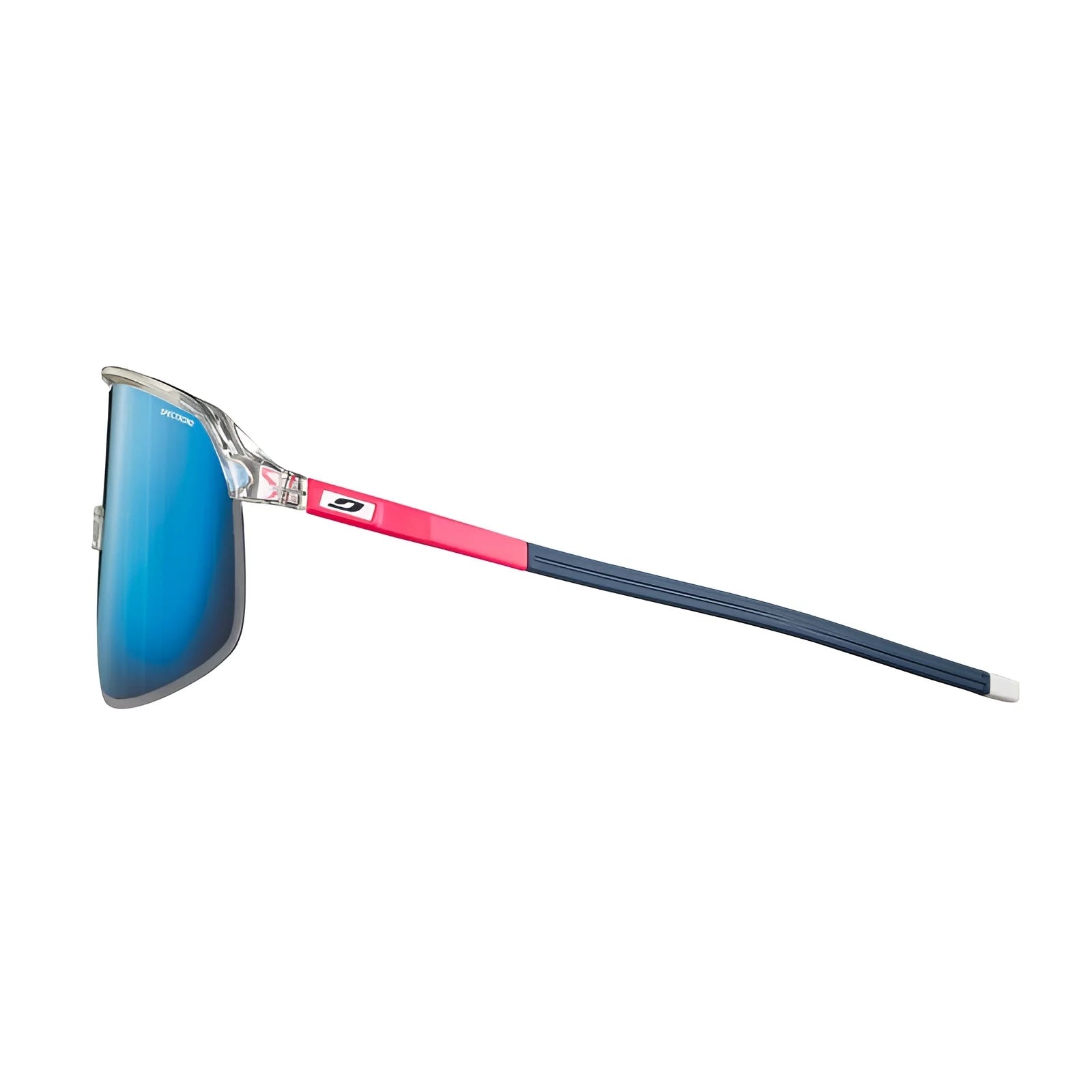Side view of Julbo Density Sunglasses, featuring blue lenses, a clear frame, pink-blue arms, sleek design, and CustomFit Temples for an ideal fit.