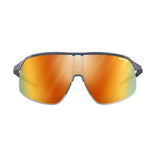 Julbo Density Sunglasses showcase performance eyewear with a sleek black frame and orange lenses, equipped with CustomFit Temples, displayed against a plain white background.