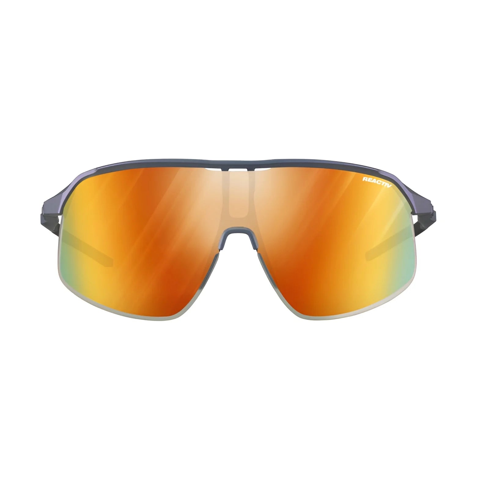 Julbo Density Sunglasses showcase performance eyewear with a sleek black frame and orange lenses, equipped with CustomFit Temples, displayed against a plain white background.