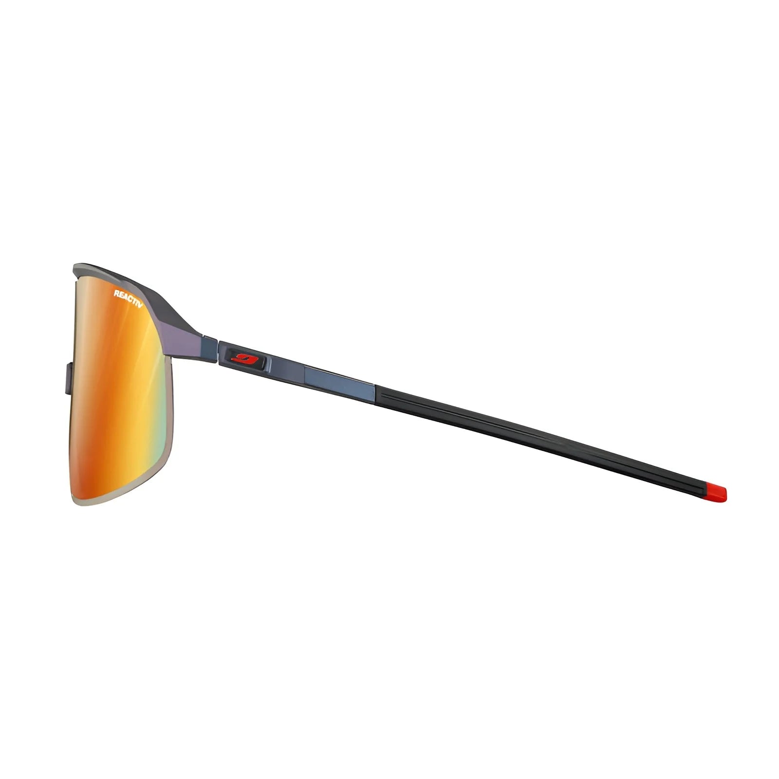 Side view of the Julbo Density Sunglasses, showcasing sleek orange-mirrored lenses set in a thin black frame with red-tipped arms. Features include CustomFit Temples for enhanced comfort.