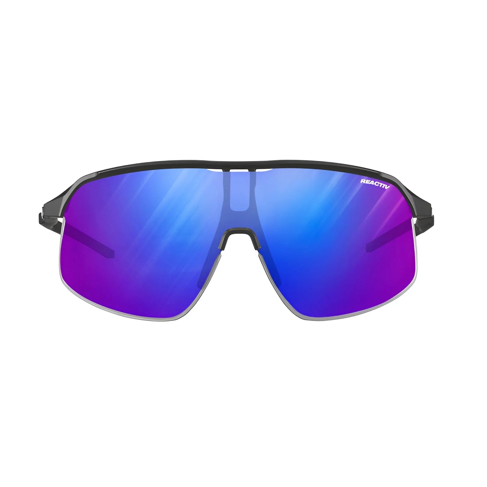 The Julbo Density Sunglasses by Julbo showcase sleek performance eyewear with a black frame and reflective blue-purple lenses, set against a white background. They are designed with CustomFit Temples for optimal comfort.