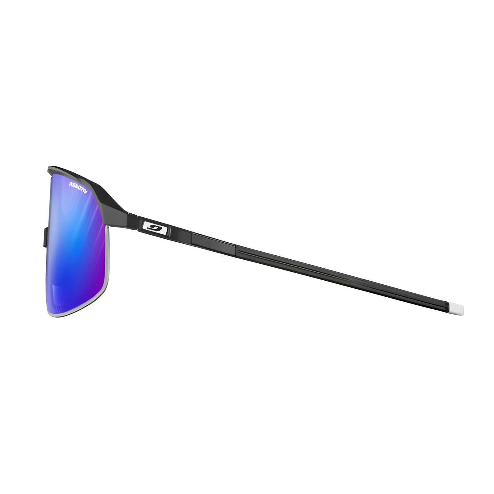 Side view of Julbo Density Sunglasses showcasing sleek performance with reflective blue lenses and thin black frames, enhanced by CustomFit Temples for a perfect fit.