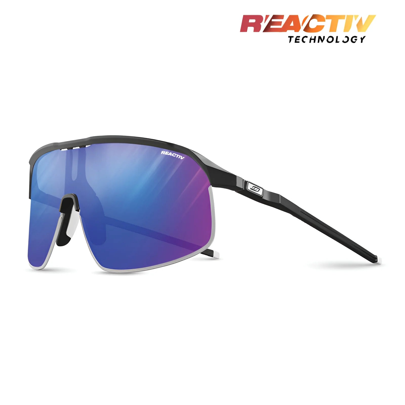 Julbo's Density Sunglasses feature blue lenses with Reactiv Technology, a sleek black frame, and CustomFit Temples for enhanced comfort and precision in performance eyewear.