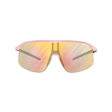 The Julbo Density Sunglasses feature CustomFit Temples for a perfect fit and have pink frames with orange-tinted lenses against a white background.