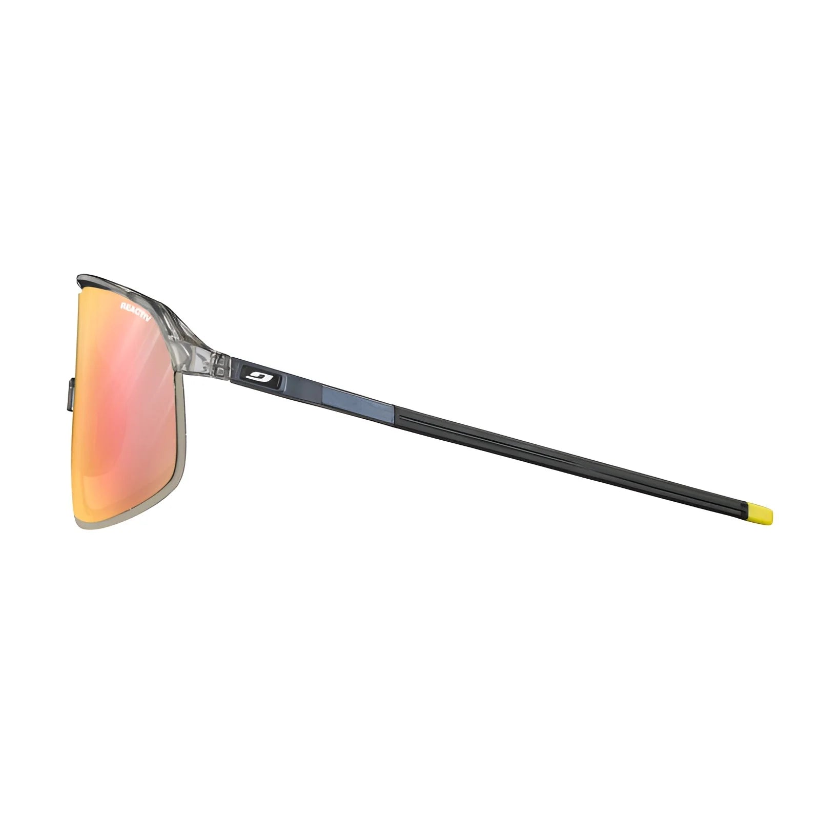 The Julbo Density Sunglasses by Julbo feature orange-tinted lenses with black arms and have CustomFit Temples for a personalized fit, shown side-view on a white background.