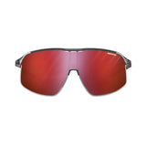 The Julbo Density Sunglasses boast a thin black frame with red mirrored lenses and CustomFit Temples, optimized for comfort, against a white background.