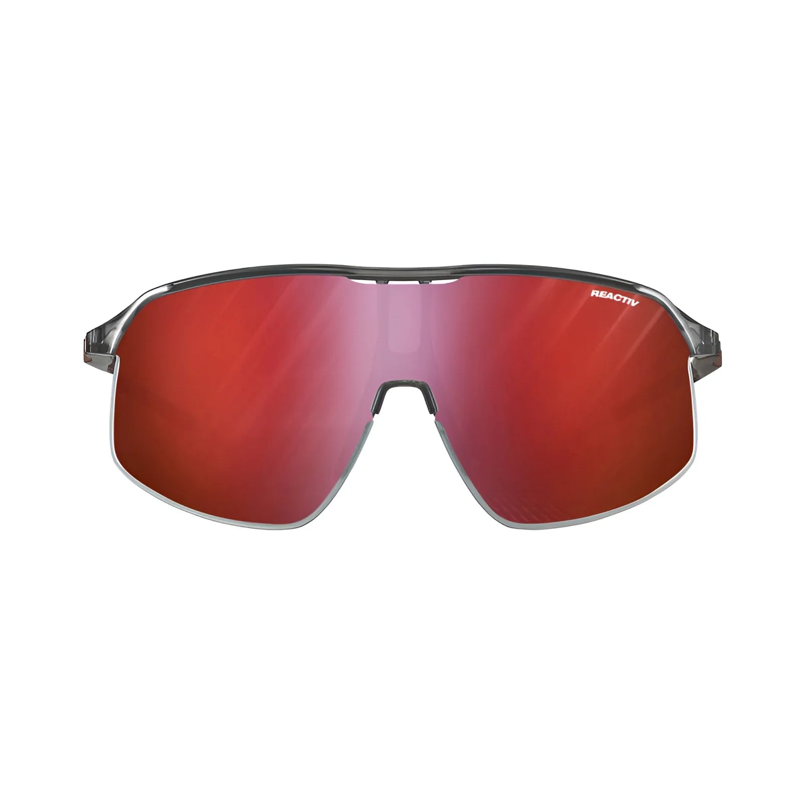 The Julbo Density Sunglasses boast a thin black frame with red mirrored lenses and CustomFit Temples, optimized for comfort, against a white background.