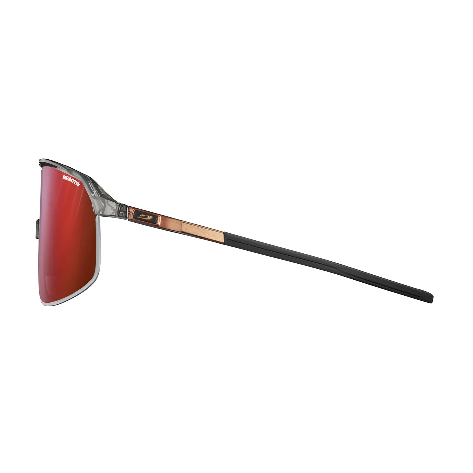 Side view of Julbo Density Sunglasses by Julbo, showcasing red-tinted lenses and a black frame with thin black and bronze arms, enhanced by CustomFit Temples for personalized comfort.