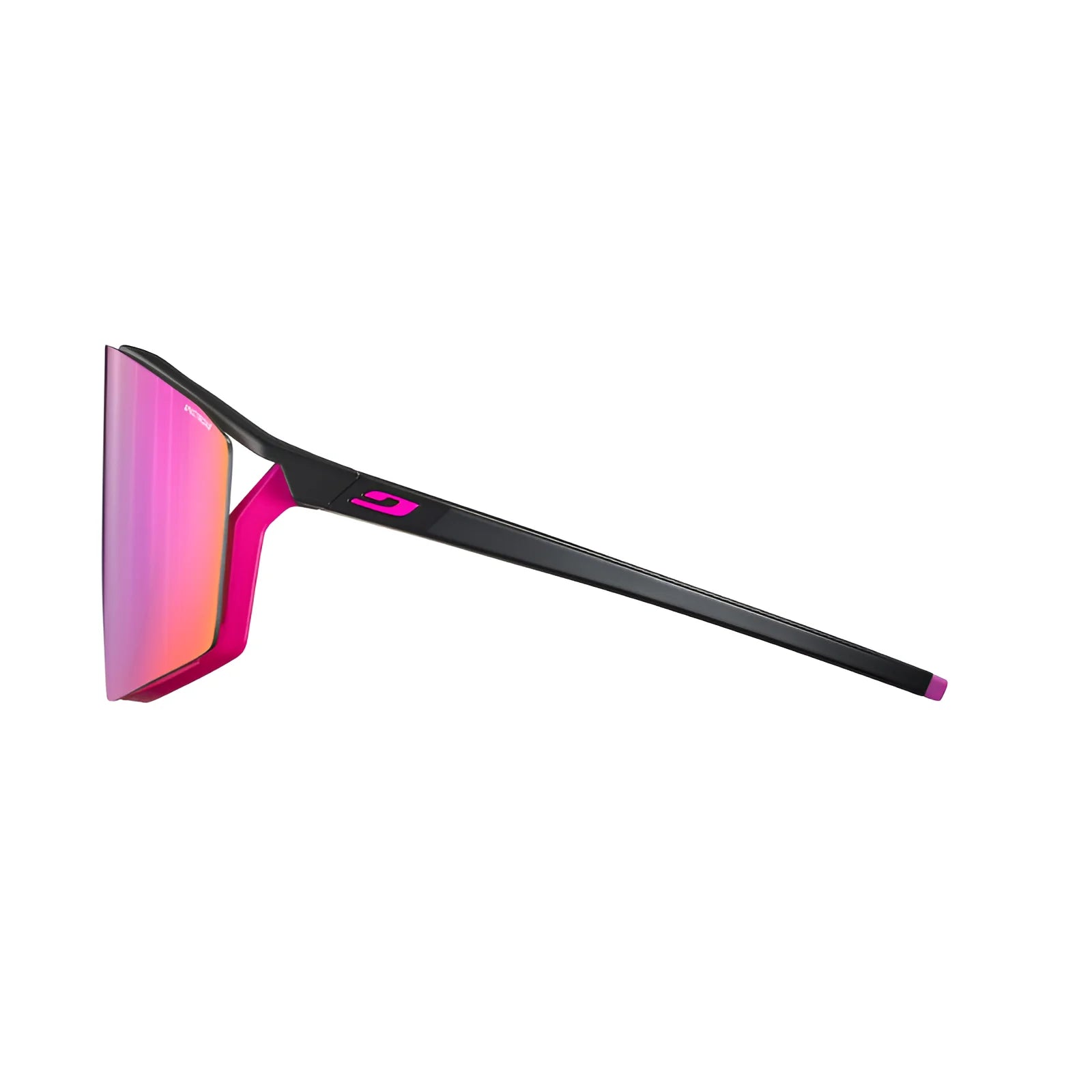 Side view of Julbo Edge Sunglasses by Julbo, showcasing sleek angular pink and black frames, reflective pink-tinted lenses, and an anti-fog coating for enhanced clarity in any environment.