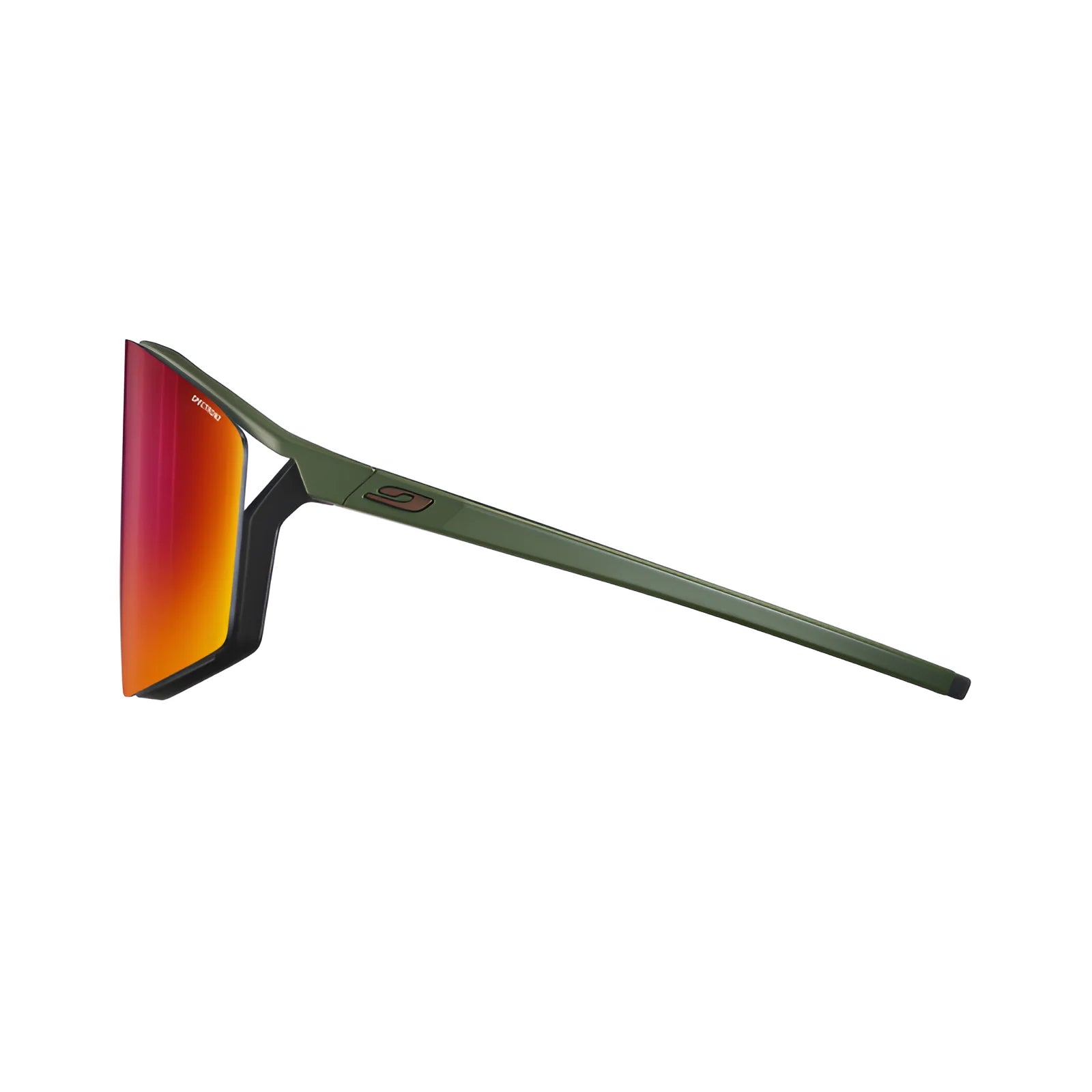 Side view of Julbo Edge Sunglasses by Julbo, showcasing MagneFix technology with green sports frames, red-orange reflective lenses, and a streamlined design.