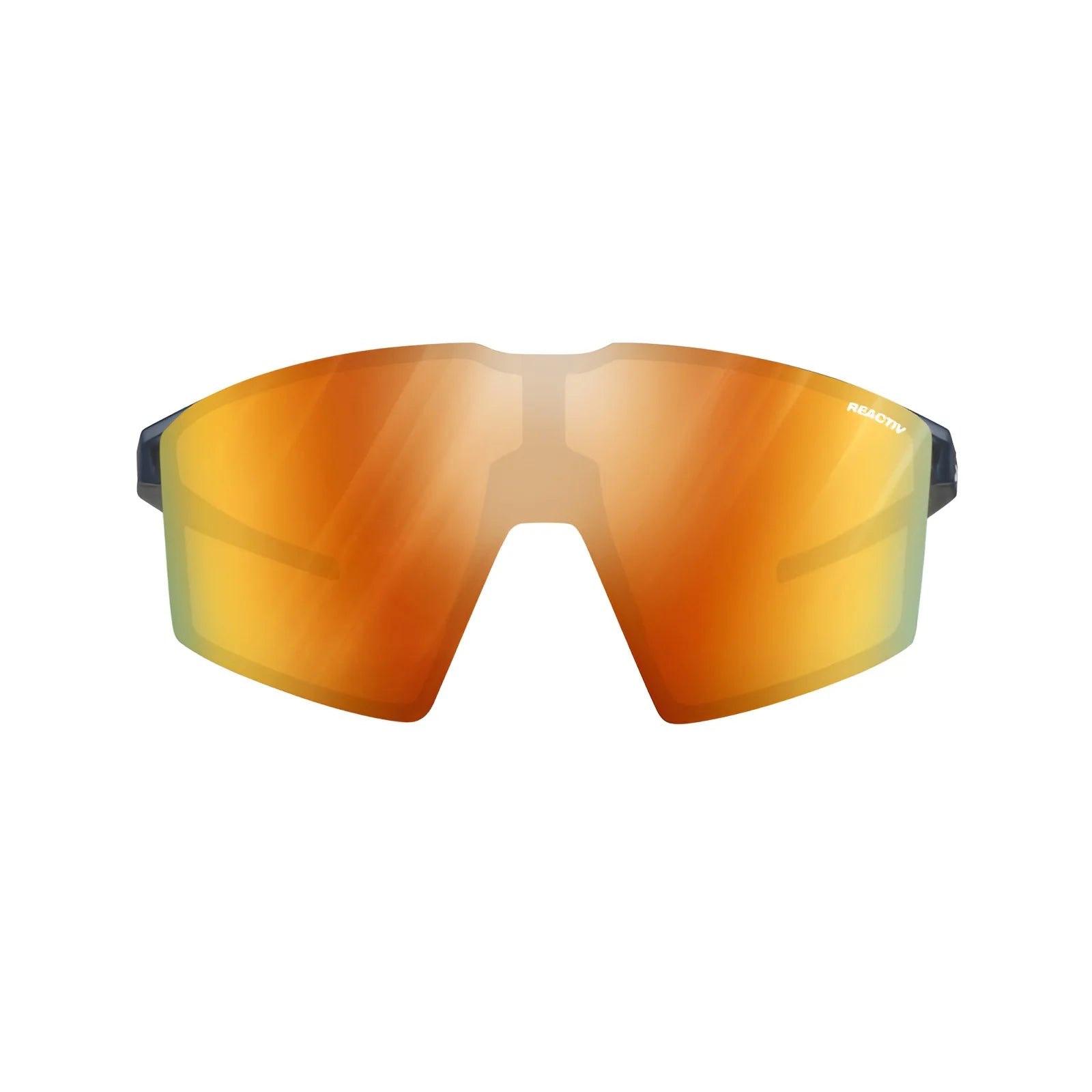 The Julbo Edge Sunglasses by Julbo are orange mirrored sports sunglasses with a wraparound design, black arms, and an anti-fog coating for clear vision.