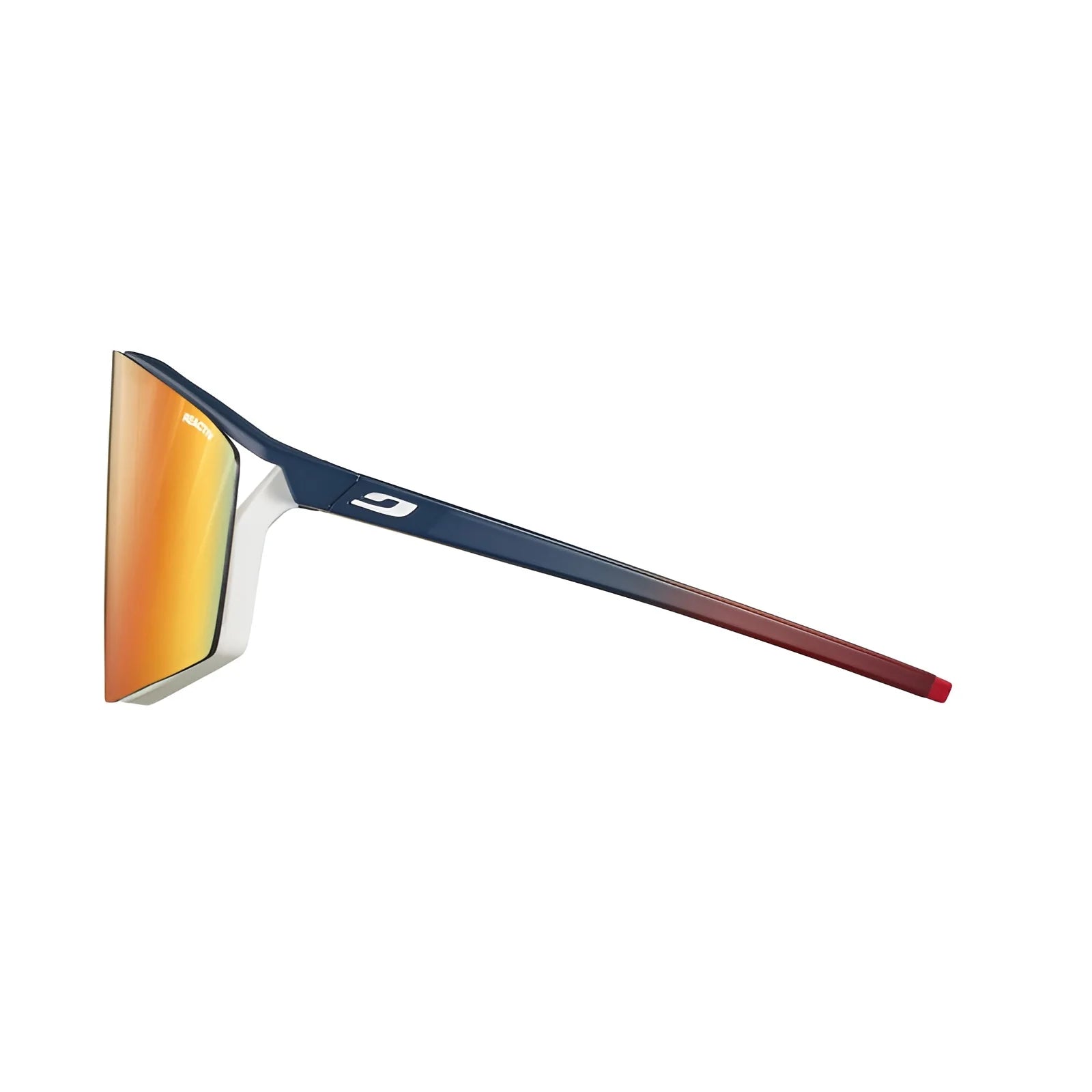 Side view of Julbo Edge sunglasses with mirrored orange lenses and sleek, angular arms in a red and black gradient, featuring an anti-fog coating.