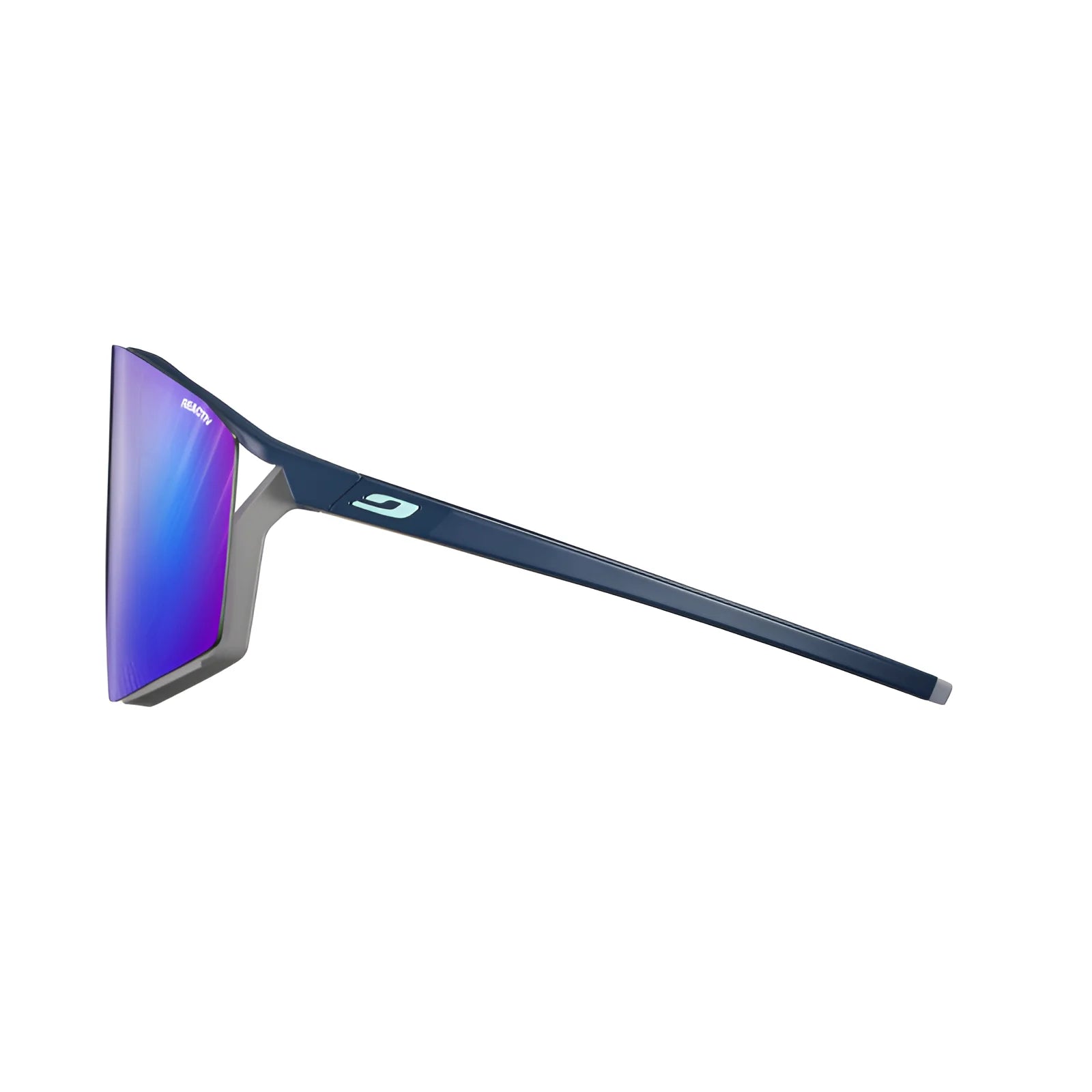 The Julbo Edge Sunglasses feature a sleek, modern design with blue and purple mirrored lenses and a thin dark blue frame. These sunglasses include an anti-fog coating for crystal-clear vision.