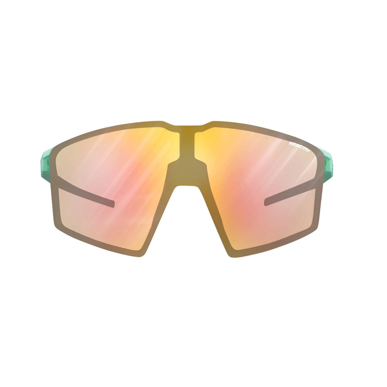 Julbo Edge Sunglasses by Julbo feature a wide black frame and futuristic pink-orange mirrored lenses with an anti-fog coating, set against a white background.
