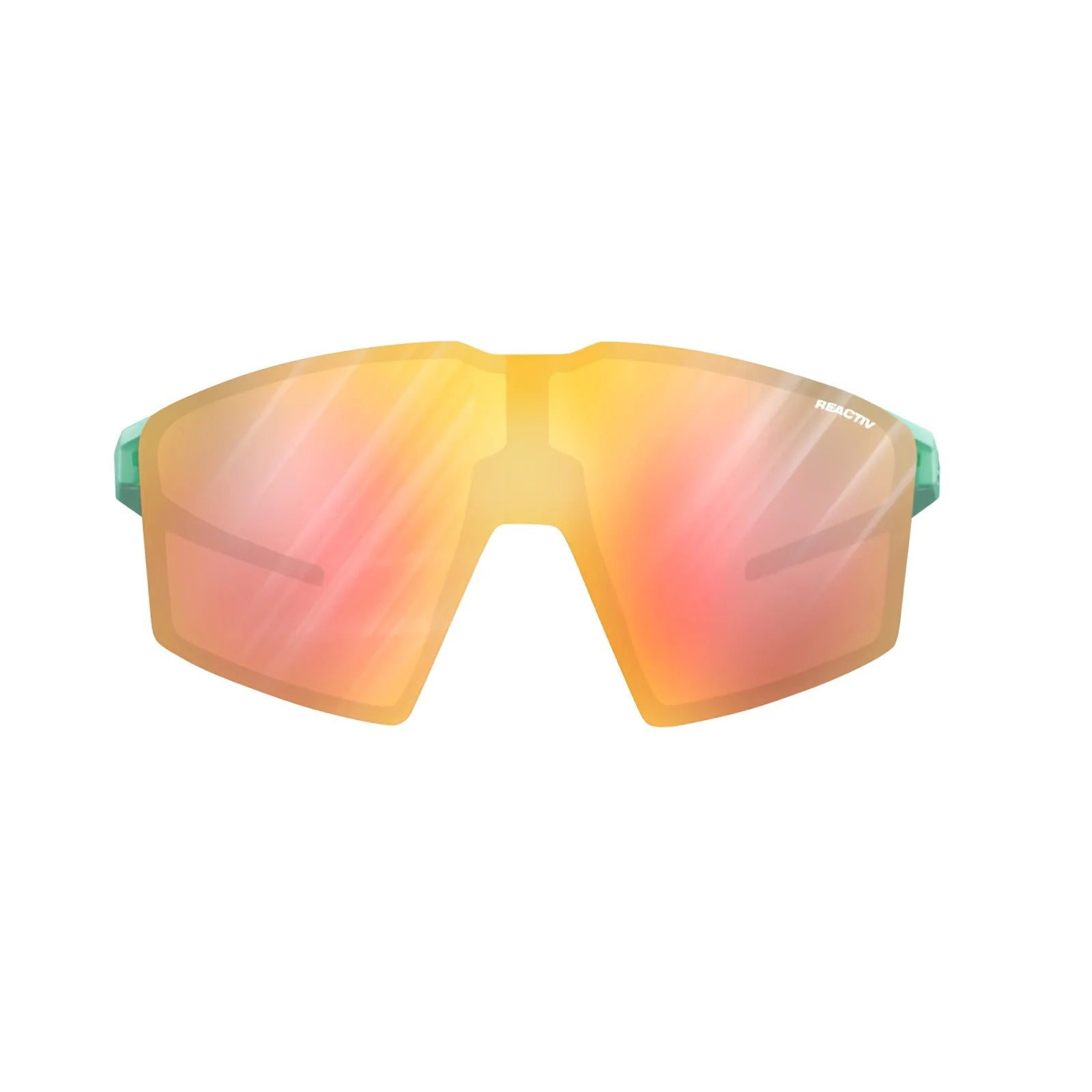 The Julbo Edge Sunglasses by Julbo boast yellow-to-pink gradient lenses, turquoise temples on a white frame, and an anti-fog coating for optimal clarity.