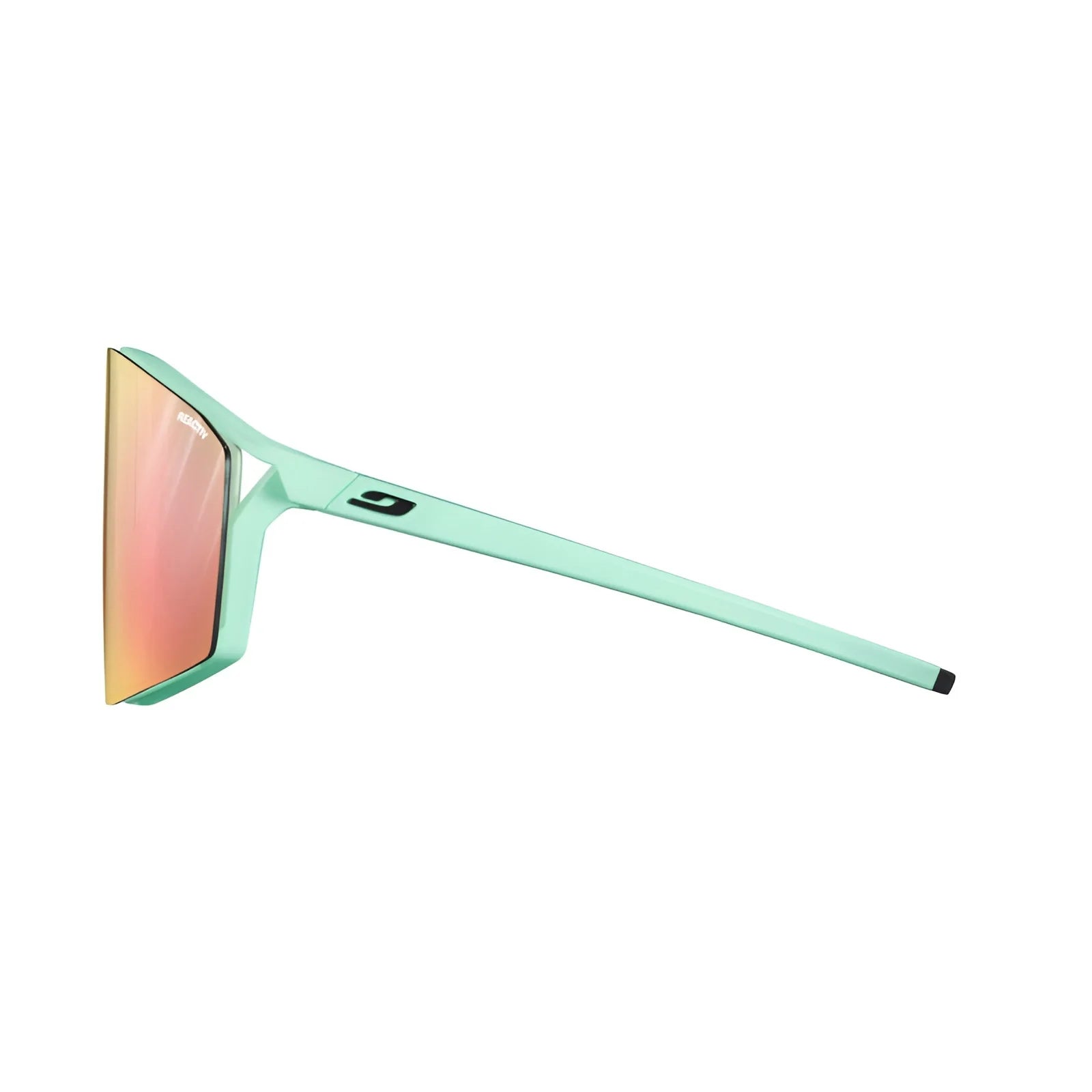 Side view of the Julbo Edge sunglasses by Julbo in mint green, showcasing orange-tinted lenses and black end tips. They feature a small logo on the arm and MagneFix technology for optimal comfort and performance.