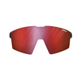 The Julbo Edge Sunglasses by Julbo are red sports sunglasses with reflective lenses, a frameless design, and an anti-fog coating for clear vision on the go against a pristine white background.