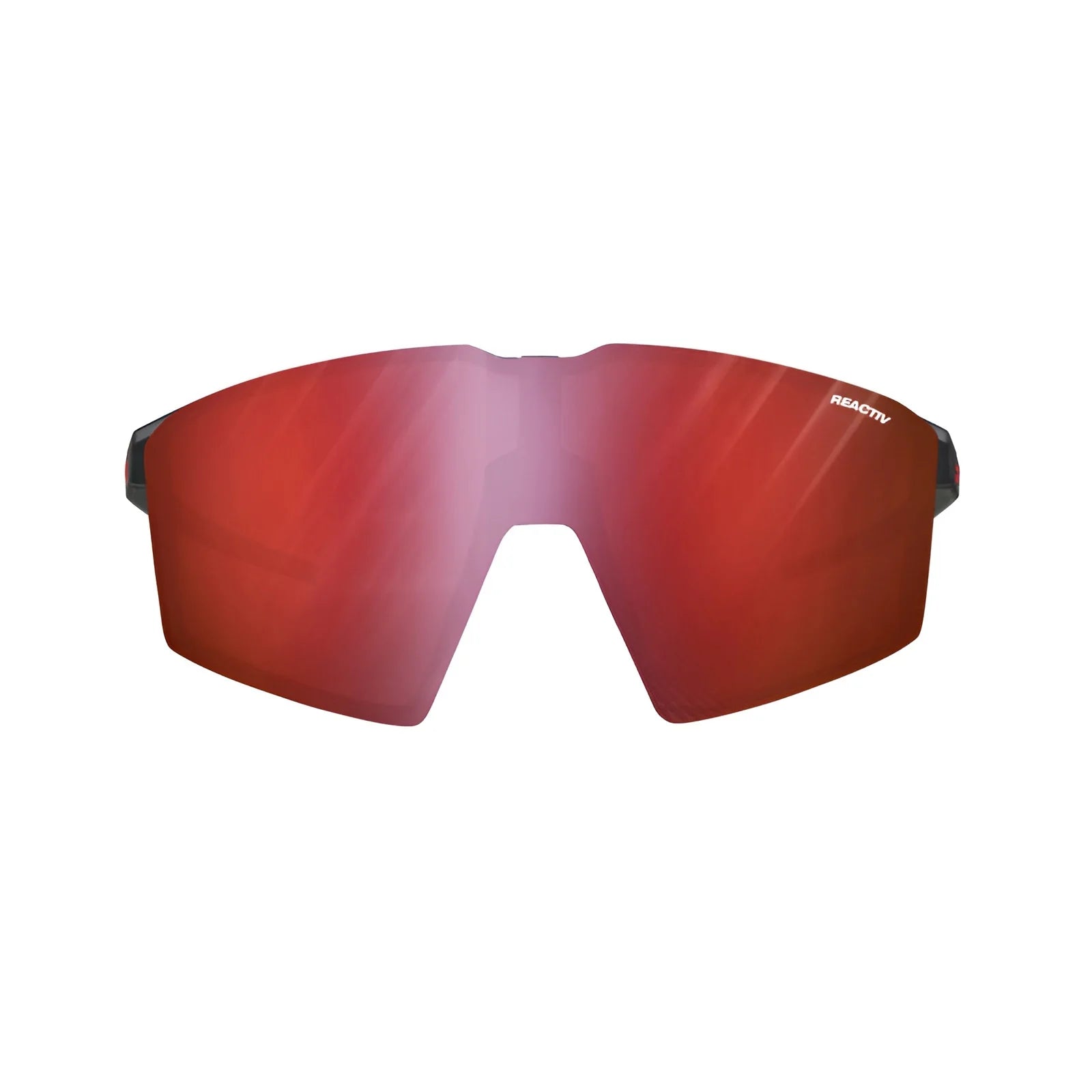 The Julbo Edge Sunglasses by Julbo are red sports sunglasses with reflective lenses, a frameless design, and an anti-fog coating for clear vision on the go against a pristine white background.
