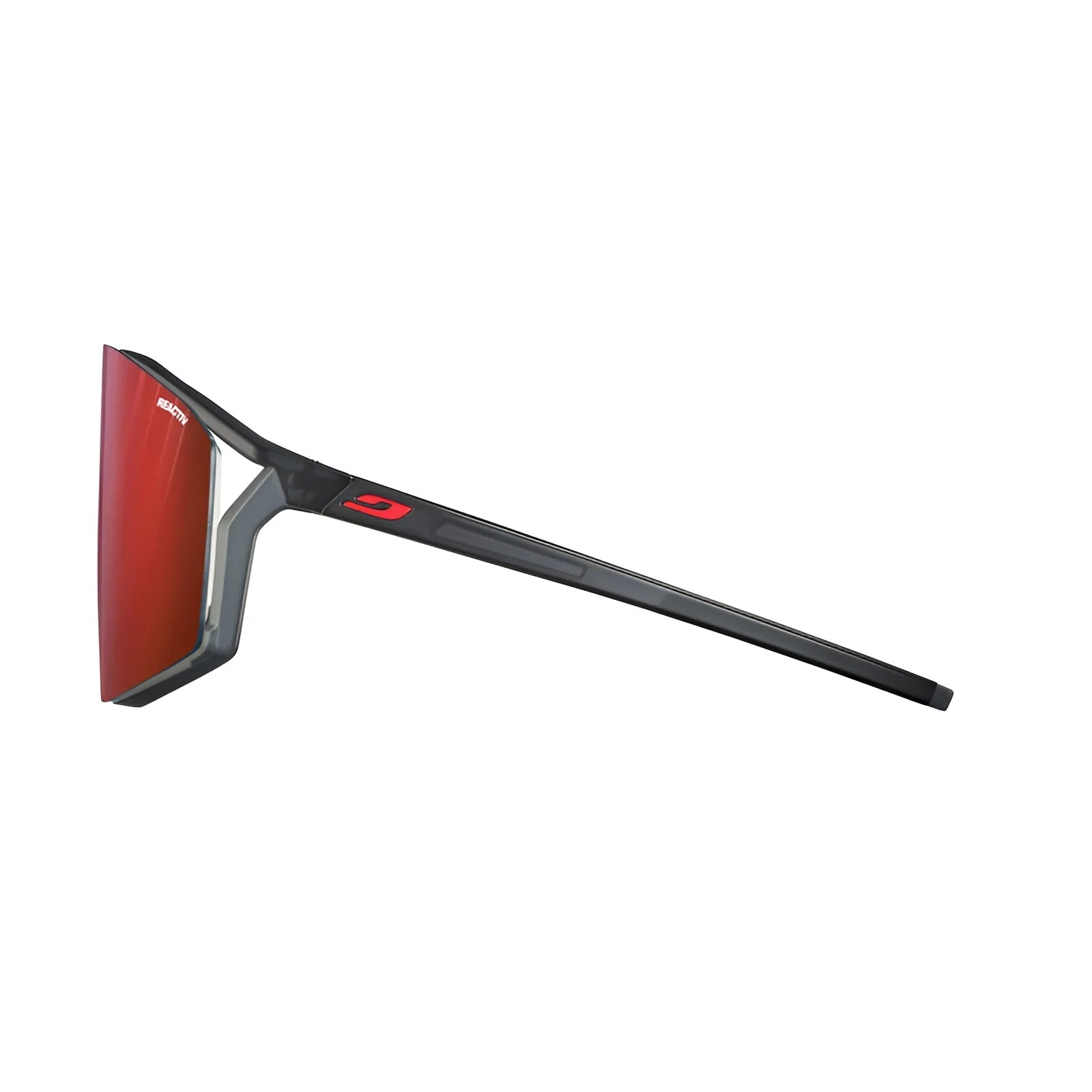 Profile view of Julbo Edge sunglasses by Julbo with sleek black frames, red-tinted lenses, and MagneFix technology.