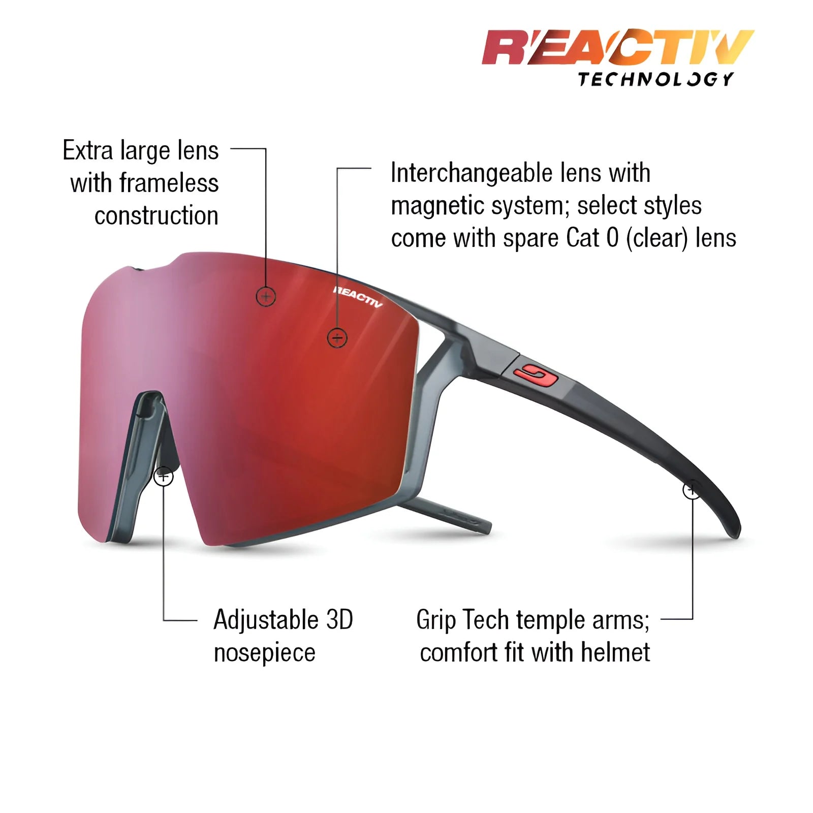 The Julbo Edge Sunglasses by Julbo feature red frameless lenses, an adjustable nosepiece, and grip tech arms. They incorporate MagneFix technology for easy lens swaps and have an anti-fog coating. The package includes interchangeable lenses.