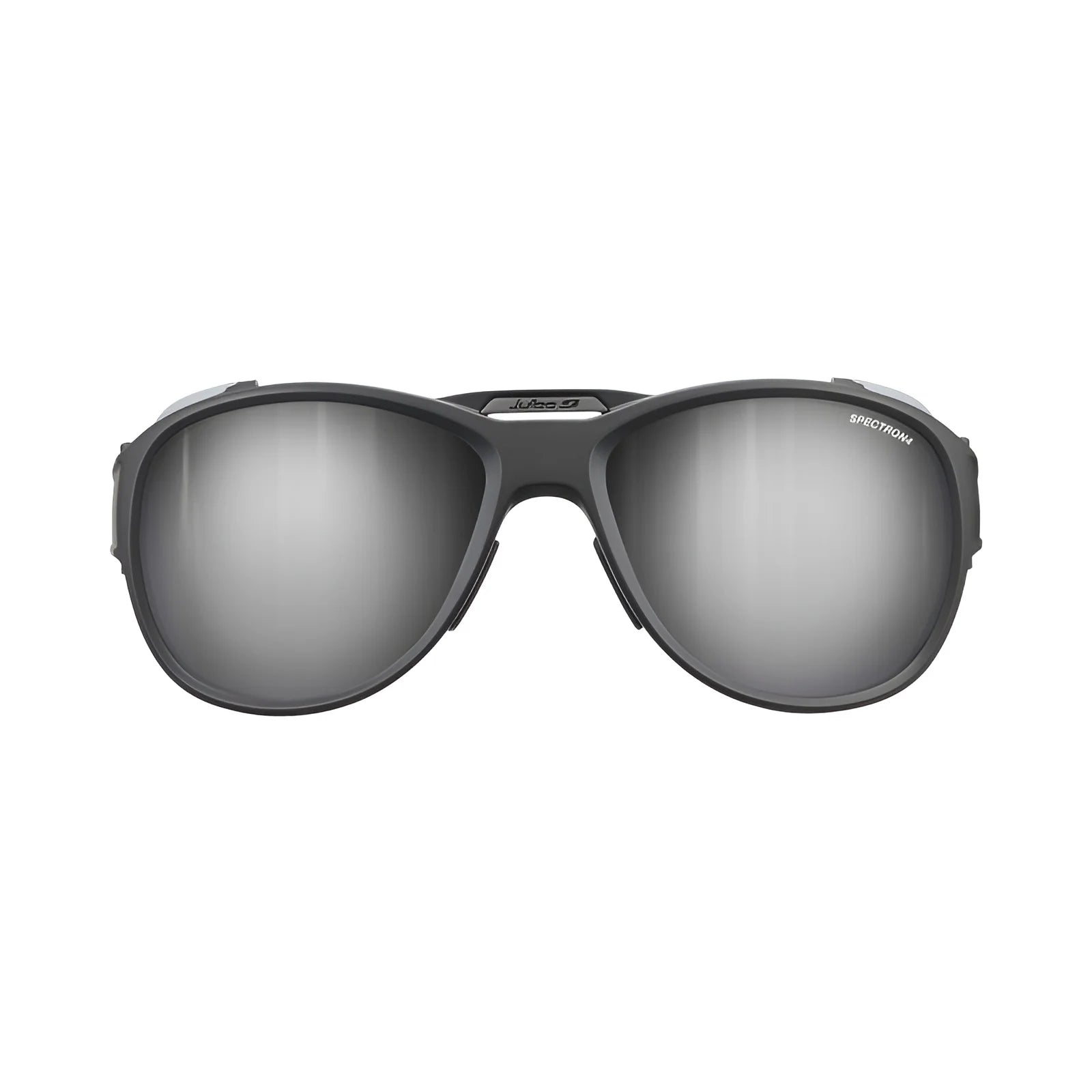 Front view of Julbo Explorer 2.0 Sunglasses in black, featuring high-protection mirrored lenses, perfect for alpine mountaineering adventures.