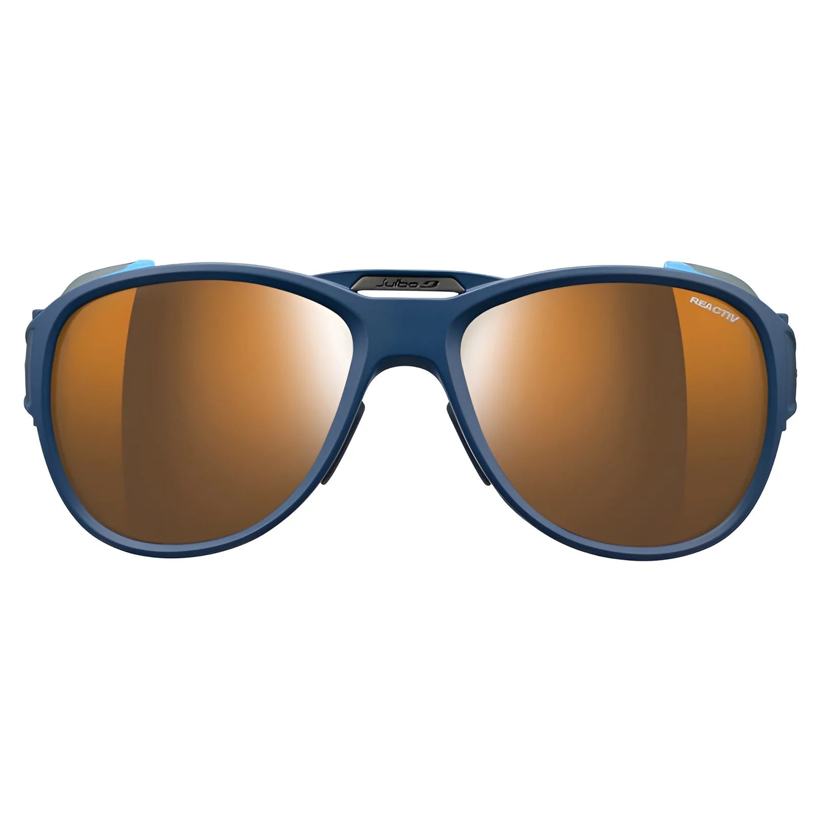 The Julbo Explorer 2.0 Sunglasses, Size 61, feature a sleek design with orange reflective lenses, ideal for alpine mountaineering. High-protection lenses ensure optimal vision and safety in extreme conditions.