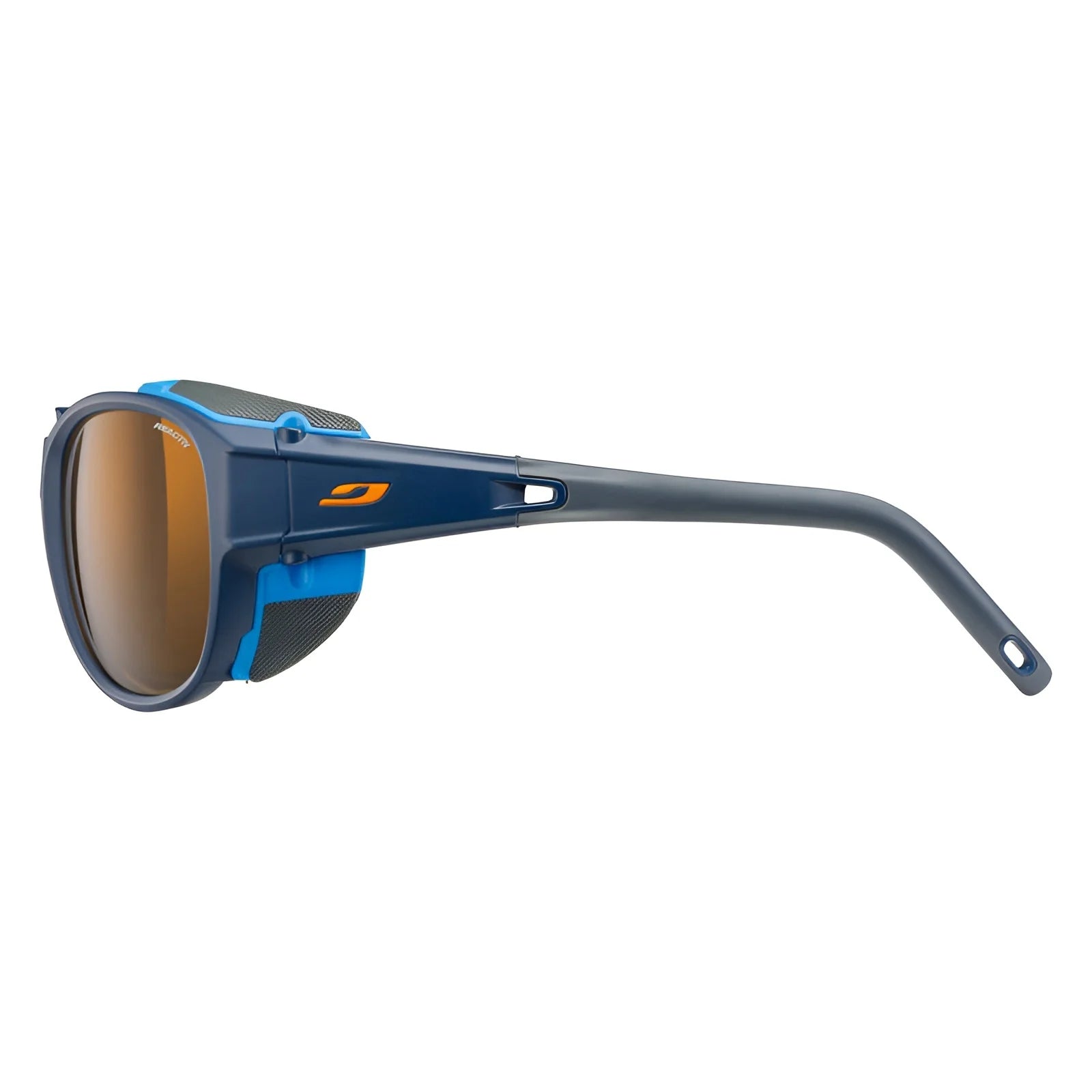 The Julbo Explorer 2.0 Sunglasses (Size 61) in blue and orange feature high-protection wraparound lenses and protective side shields, making them ideal for alpine mountaineering.
