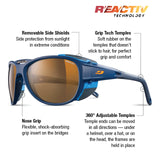 Julbo Explorer 2.0 Sunglasses, Size 61, offer brown high-protection lenses with removable side shields, grip tech temples, and an adjustable frame. Designed for alpine mountaineering, they deliver superior performance in extreme conditions.