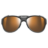 The Julbo Explorer 2.0 Sunglasses in size 61, with black glacier frames and orange reflective high-protection lenses, are showcased on a white background, perfect for alpine mountaineering.