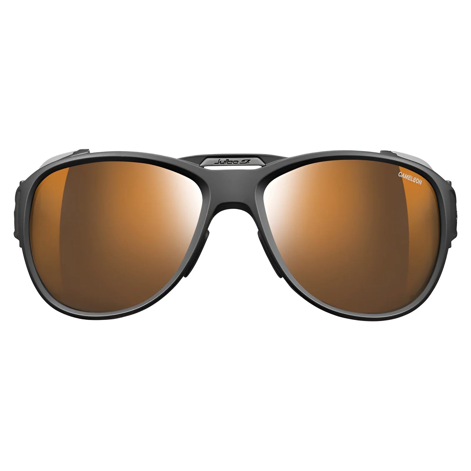 The Julbo Explorer 2.0 Sunglasses in size 61, with black glacier frames and orange reflective high-protection lenses, are showcased on a white background, perfect for alpine mountaineering.