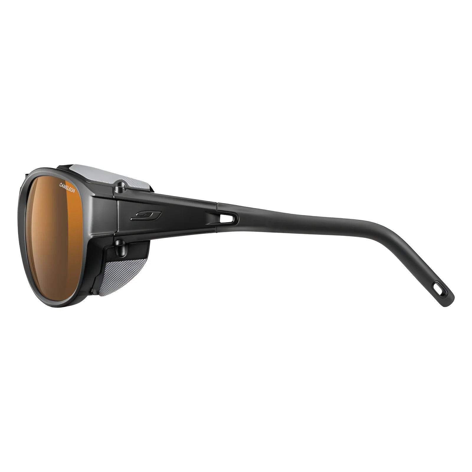 Side view of the Julbo Explorer 2.0 Sunglasses in sleek black, featuring brown high-protection lenses and side shields, perfect for alpine mountaineering.