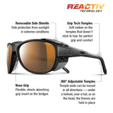 Julbo Explorer 2.0 Sunglasses, Size 61, feature removable side shields, a nose grip, 360° adjustable temples, and grip tech temples. Designed for alpine mountaineering with high-protection lenses for ultimate performance.