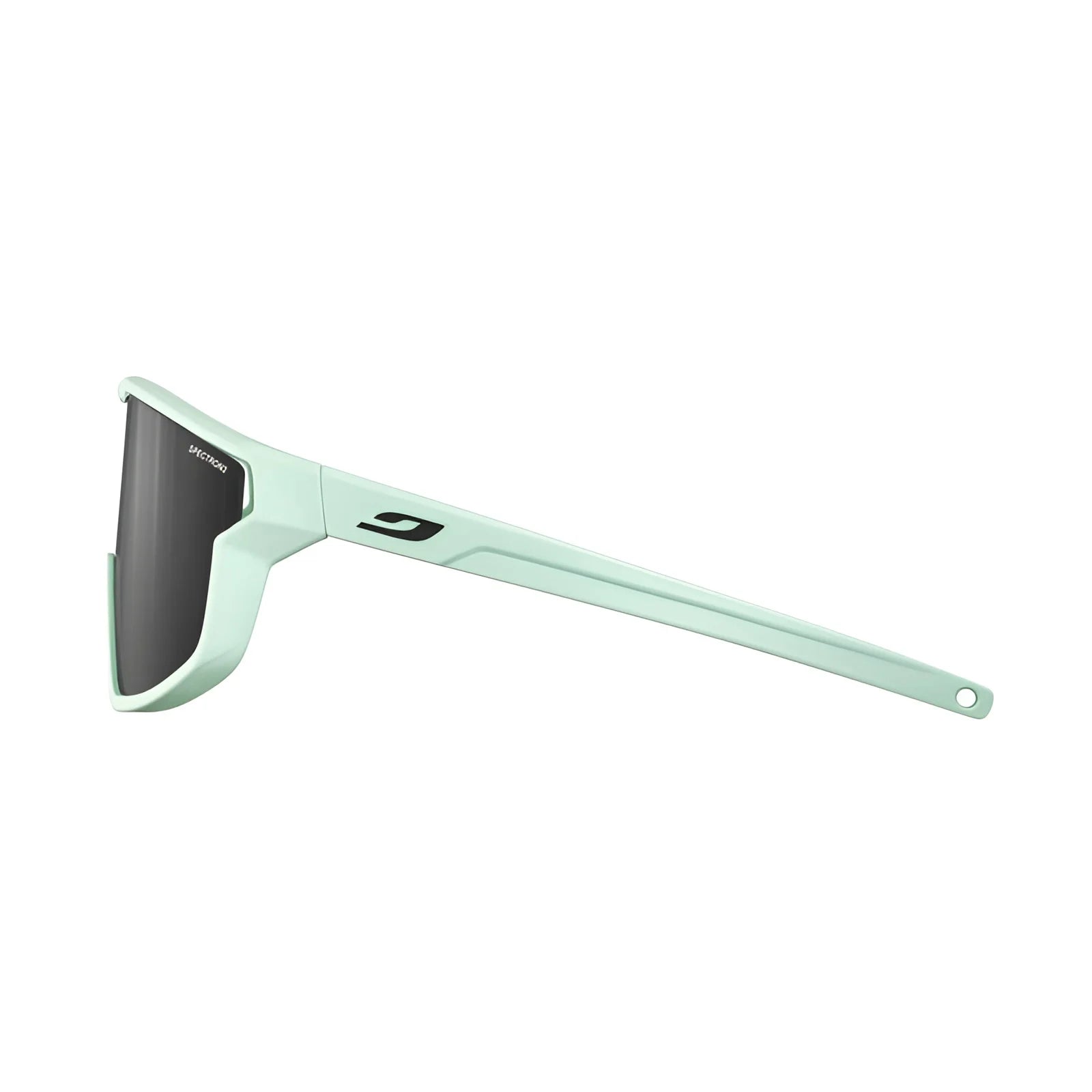 Mint green Julbo Fury Mini Sunglasses offer a side view with black lens, side venting for improved airflow, and a panoramic view.