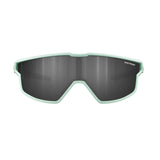 The Julbo Fury Mini Sunglasses feature a futuristic light green frame with dark, reflective lenses designed for panoramic views. Crafted against a white background, they combine style and functionality with side venting for comfort.