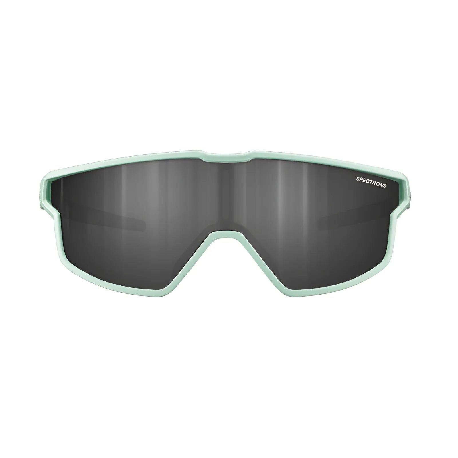 The Julbo Fury Mini Sunglasses feature a futuristic light green frame with dark, reflective lenses designed for panoramic views. Crafted against a white background, they combine style and functionality with side venting for comfort.