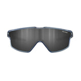 Futuristic Julbo Fury Mini sunglasses with a single dark lens and sleek blue frame, offering a panoramic view.