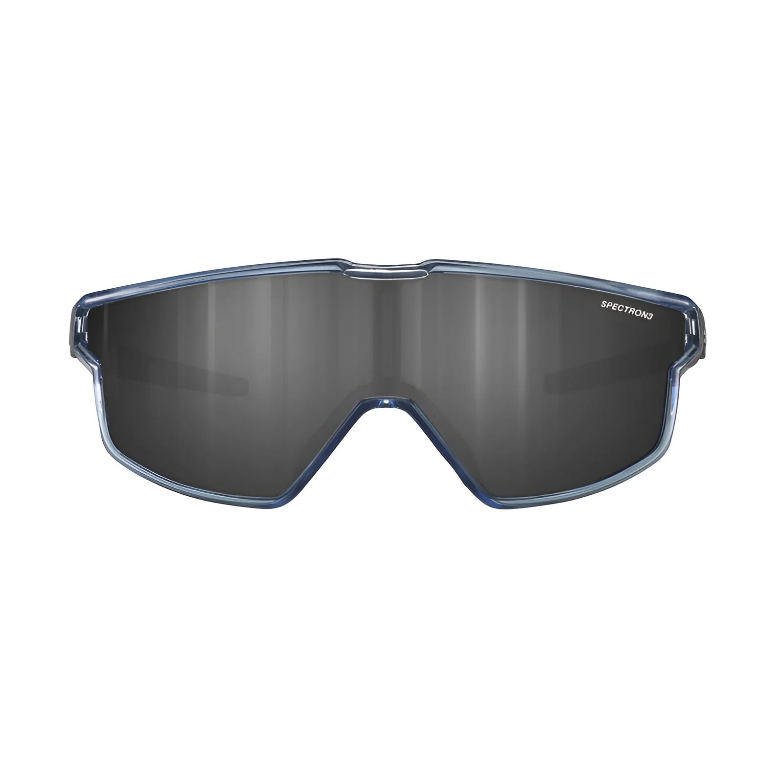 Futuristic Julbo Fury Mini sunglasses with a single dark lens and sleek blue frame, offering a panoramic view.