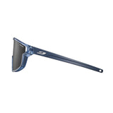 Side view of the Julbo Fury Mini Sunglasses, featuring a blue frame with dark lenses, sleek design, logo on the temple arm, and subtle side venting.