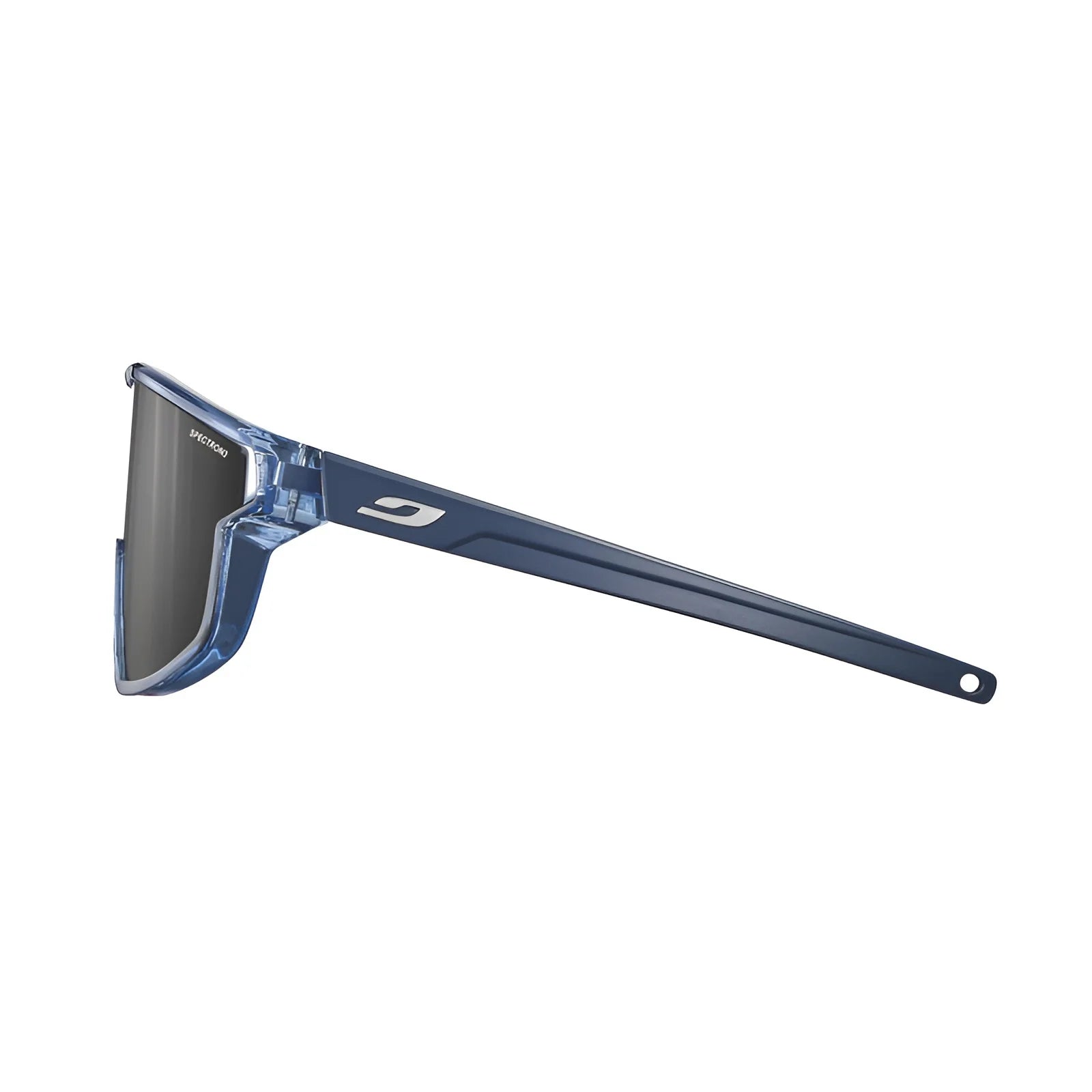 Side view of the Julbo Fury Mini Sunglasses, featuring a blue frame with dark lenses, sleek design, logo on the temple arm, and subtle side venting.