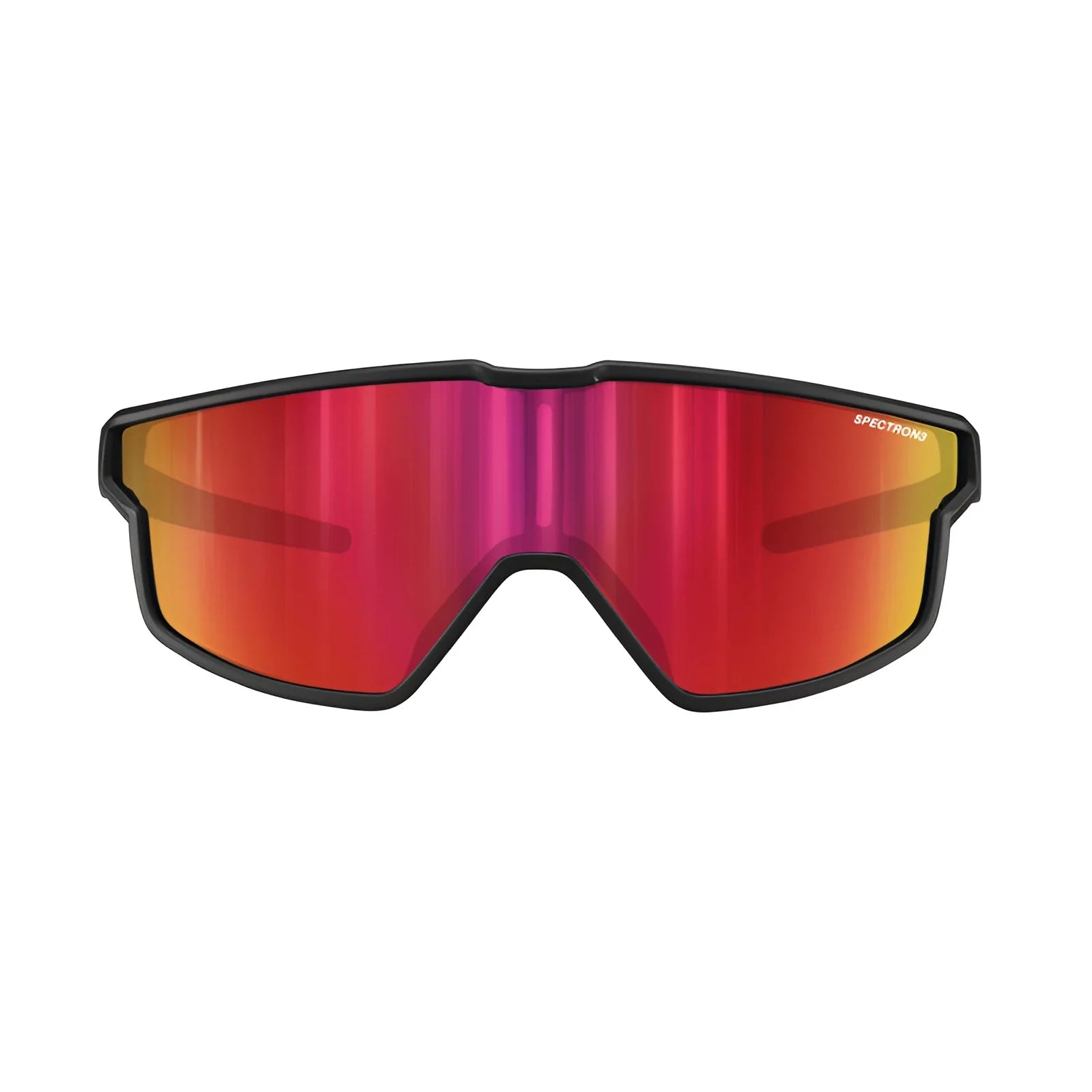 The Julbo Fury Mini Sunglasses, with red shiny reflective lenses and a black frame, feature side venting for added comfort during intense activities.