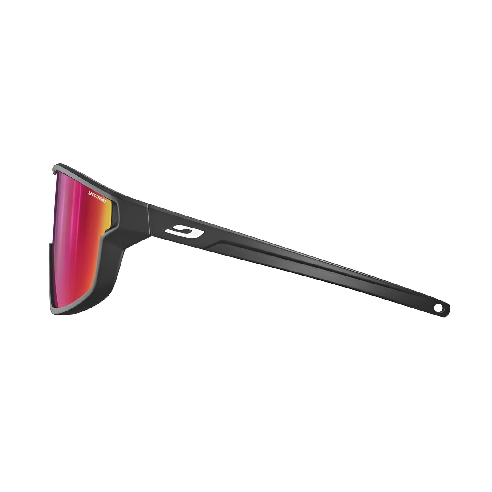 The Julbo Fury Mini Sunglasses boast black frames and red mirrored lenses, offering a stylish side view. Designed with side venting, they provide excellent airflow while ensuring a panoramic view for the wearer.