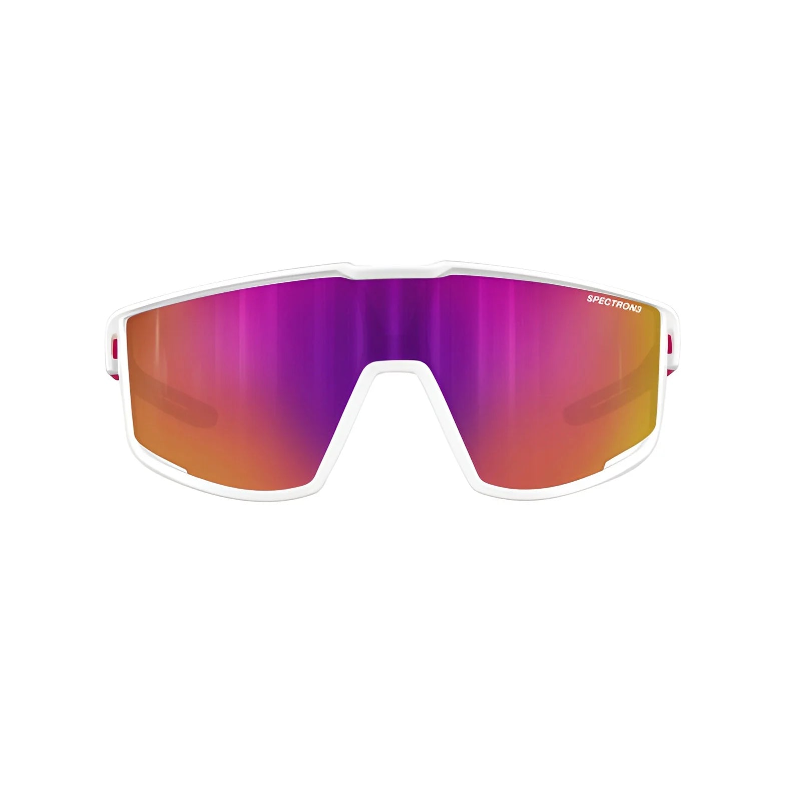 Introducing the Julbo Fury S Sunglasses: stylish white sports eyewear featuring mirrored purple and orange Spectron lenses for unparalleled vision and performance.