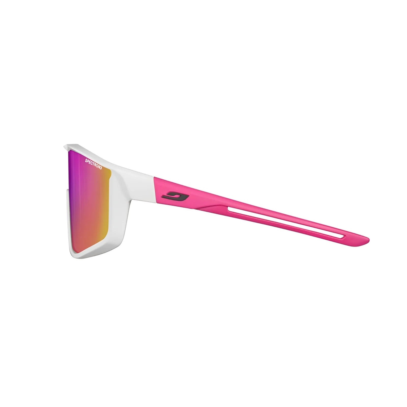 Julbo Fury S Sunglasses by Julbo combine pink and white frames with gradient Spectron lenses for an expansive field of vision in profile.