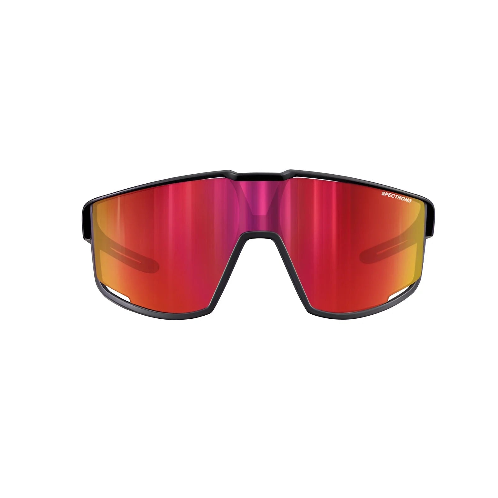 Introducing Julbo Fury S sports sunglasses by Julbo, with black frames and red mirrored Spectron lenses. Crafted for athletes, these shades provide a wide field of vision to enhance performance against a plain white background.
