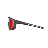 Side view of the sleek Julbo Fury S Sunglasses, featuring red mirrored lenses and an angular design, ensuring a wide field of vision.