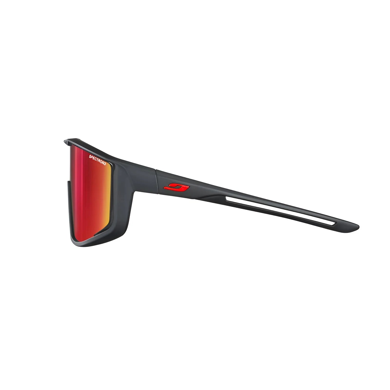 Side view of the sleek Julbo Fury S Sunglasses, featuring red mirrored lenses and an angular design, ensuring a wide field of vision.